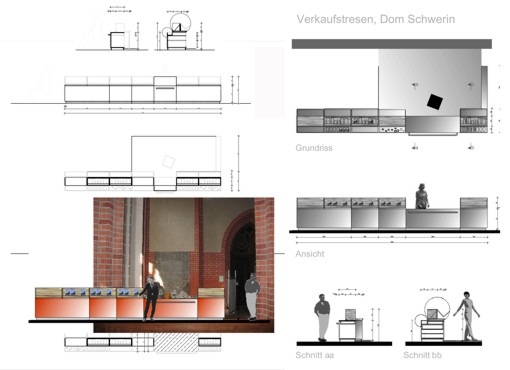 Verkaufstresen im Dom zu Schwerin: Entwurfs- und Ausf&uuml;hrungspl&auml;ne