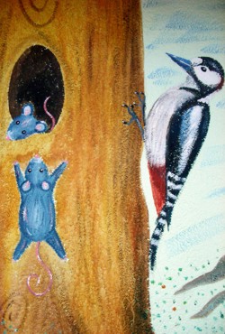 Fassadenmalerei: Waldm&auml;use mit Specht