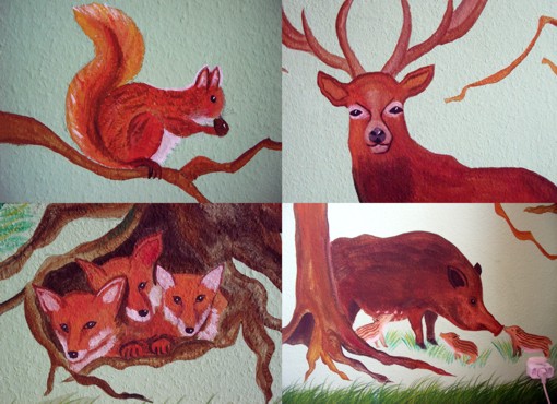 Wandmalerei: Waldtiere, Detailaufnahmen mit Eichh&ouml;rnchen, Hirsch, Fuchs, Wildschwein
