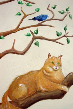 Wandmalerei: Katze, Wellensittich