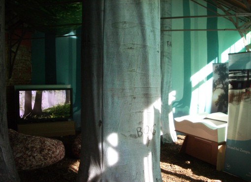 Wandmalerei: Buchenwald im Morgennebel, innerhalb der Ausstellung: Erlebniswelt Natur in Mecklenburg-Vorpommern, im Warmhaus, BUGA 2009, Schwerin