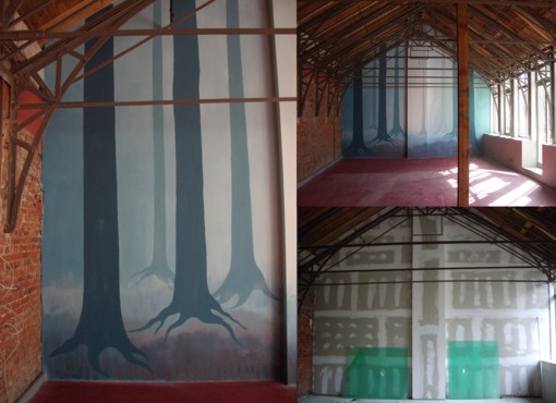 Wandmalerei: Buchenwald im Morgennebel, innerhalb der Ausstellung: Erlebniswelt Natur in Mecklenburg-Vorpommern, im Warmhaus, BUGA 2009, Schwerin